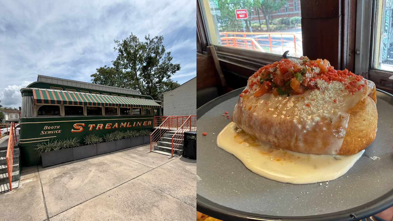 A photo of Strangebird diner next to a photo of a chimichanga.