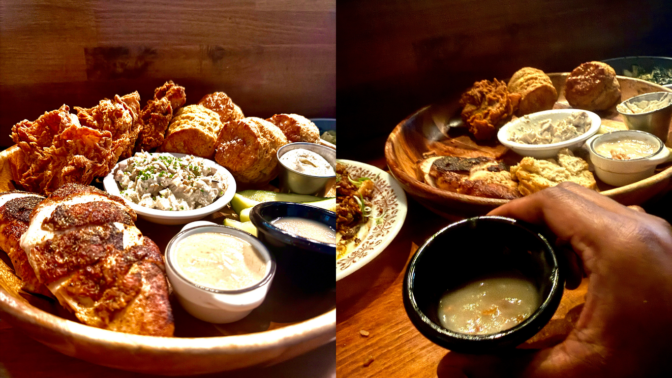 Two photos, one of a chicken platter with chicken three ways and biscuits, the other of the same platter with a hand hold a small bowl of sauce.