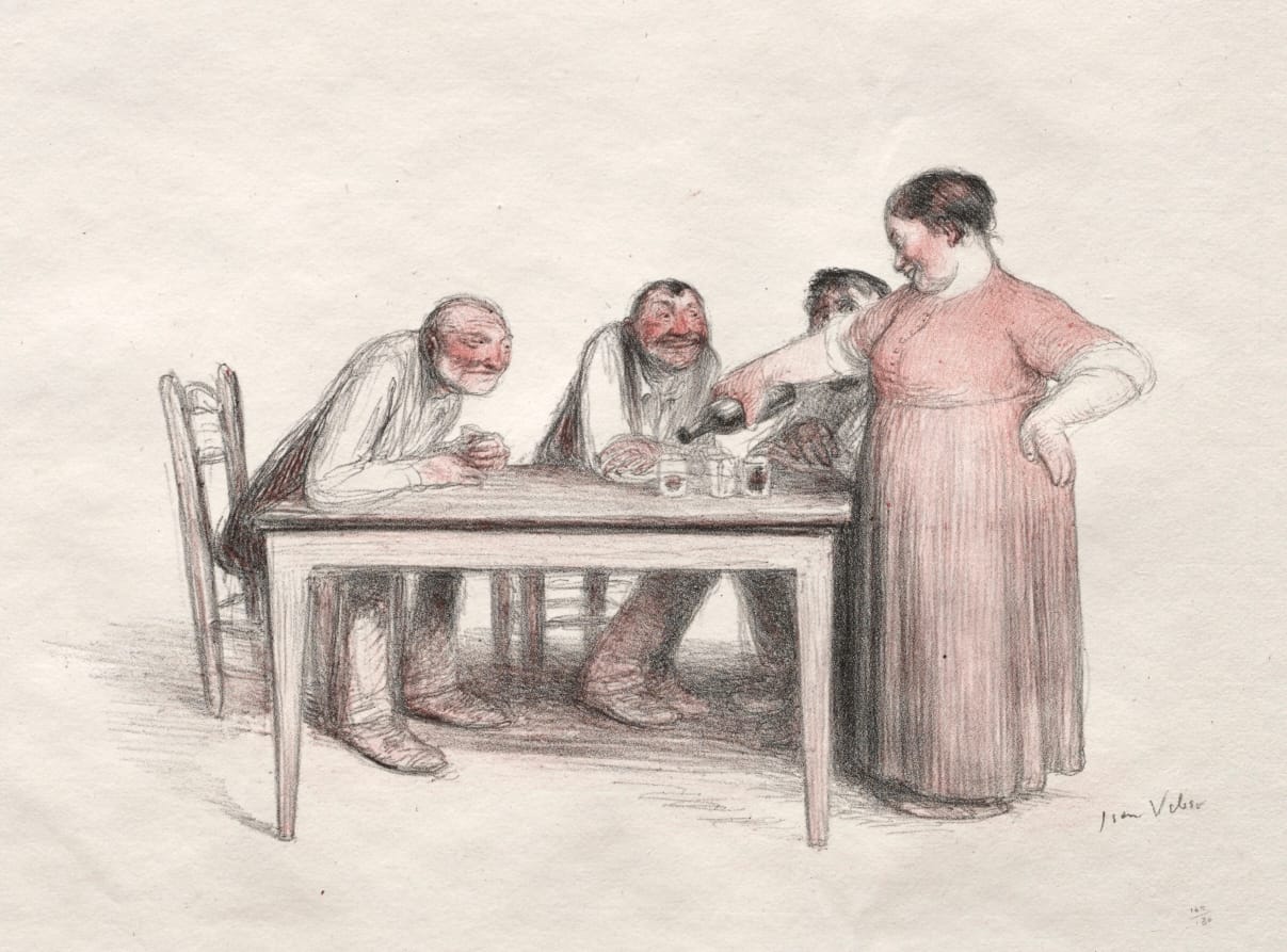 A woman pours wine into the glass of a man sitting at a table in a drawing. Two more men sit on either side of him. They all have drunk, pink faces.