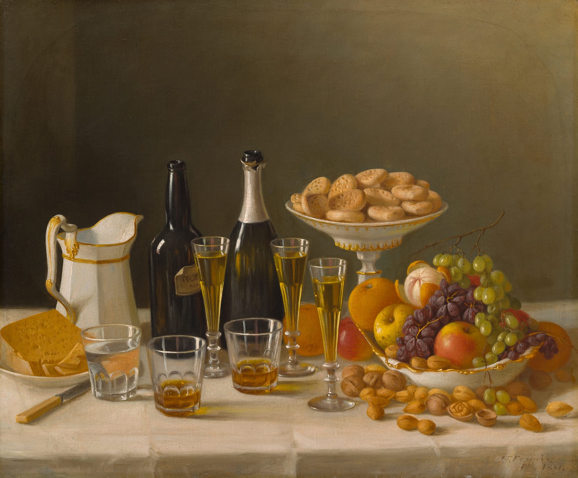 A still life painting shows a table loaded with wines in glasses and bottles, cheeses, and fruits.