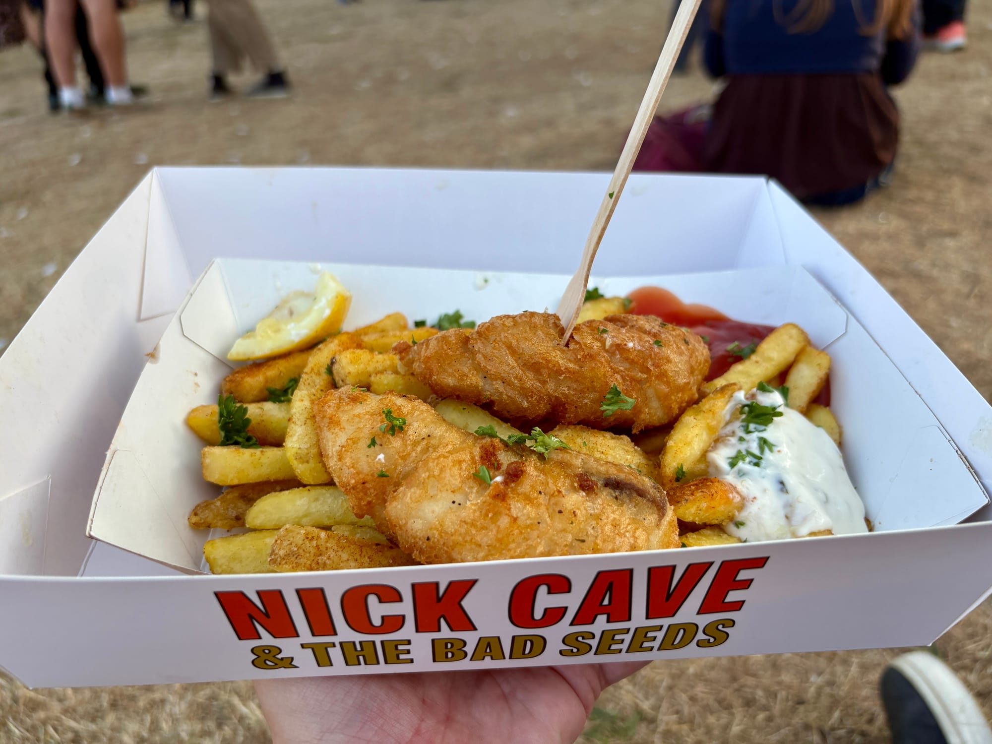 A hand holds up a large container with Nick Cave & the Bad Seeds written on the outside. Inside are fish and chips with tartar sauce and ketchup. 