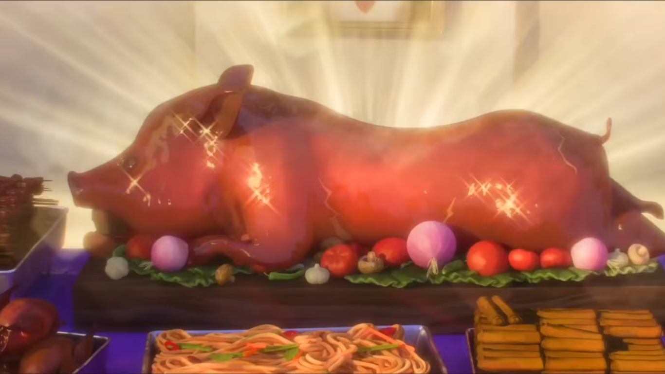 A glistening lechon at the center of a buffet table surrounded by chicken skewers, pancit, lumpia, and sauces.
