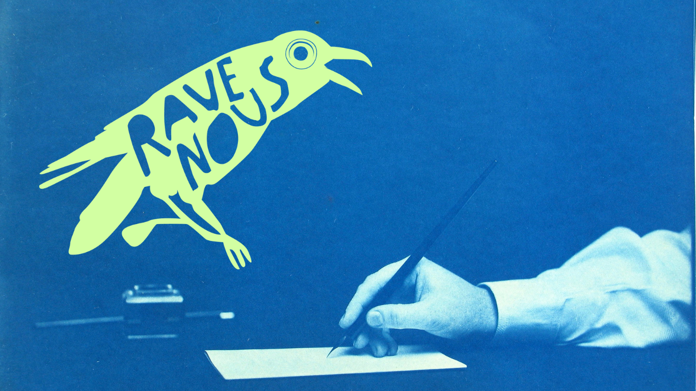 A hand with a nibbed pen writing on paper, with the Ravenous logo in green on the side