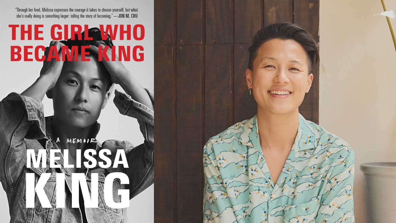 The cover of Melissa King's book, "The Girl Who Became King," and a photo of Melissa king in a blue and white shirt