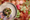 A circle of garnished sorbet on a watercolor plate, over a background of pink and green flowers and ice cream co