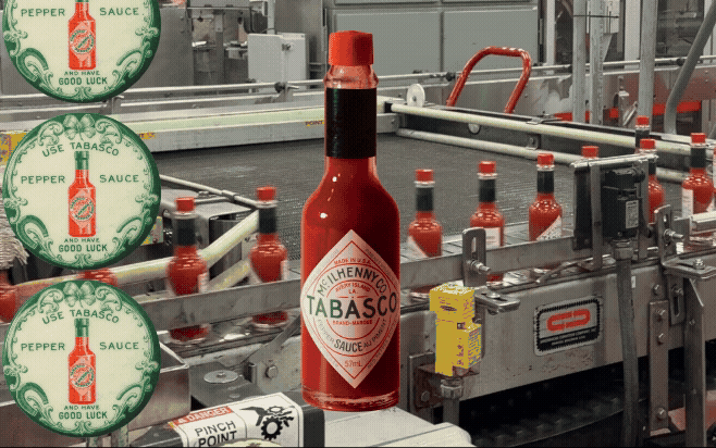 Bottles of Tabasco on the line at the company's Avery Island production facility with a bottle super-imposed over top.