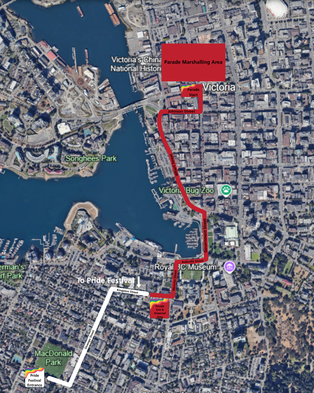 Several road closures and detours will be in effect in downtown and James Bay on July 12, 2026, due to the 2026 Pride Parade and Festival. Temporary parking restrictions will be in effect in the parade marshalling area and along the parade route from 7:00 a.m. to noon.
