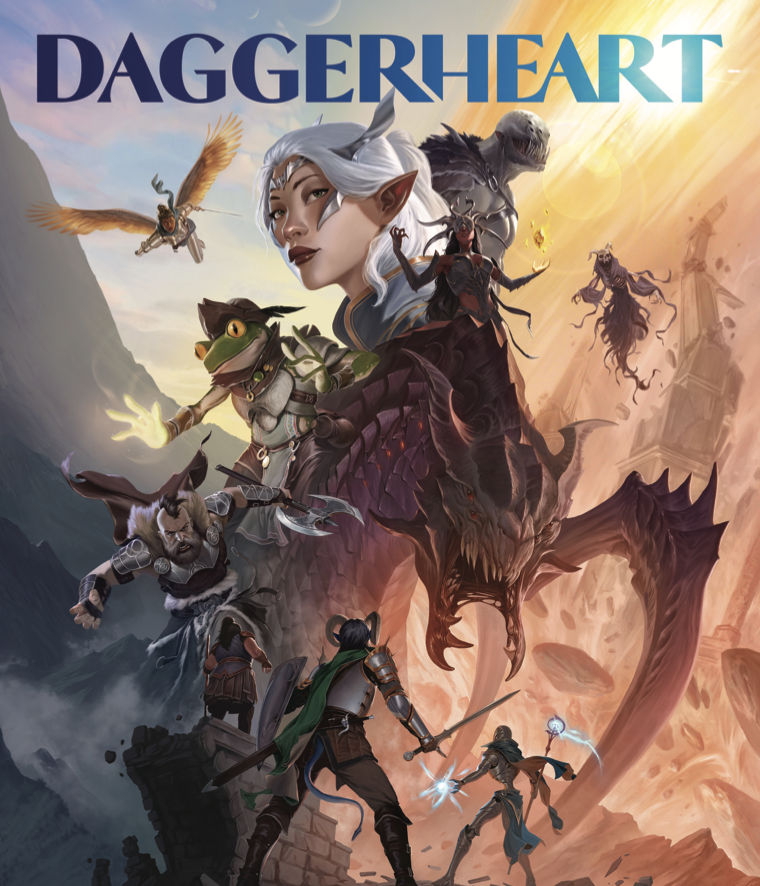 a diverse party of fantasy adventurers — including an elf with white hair, a frog-like creature casting magic, an armored dwarf, and several other heroes — set against a dramatic sunlit landscape with ruins, a massive dragon silhouette, and shadowy figures looming in the background.