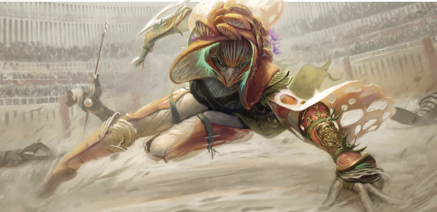 A masked, insect-like gladiator lunges forward across a dusty arena floor, weapon in hand. The blurred stadium crowd looms behind.