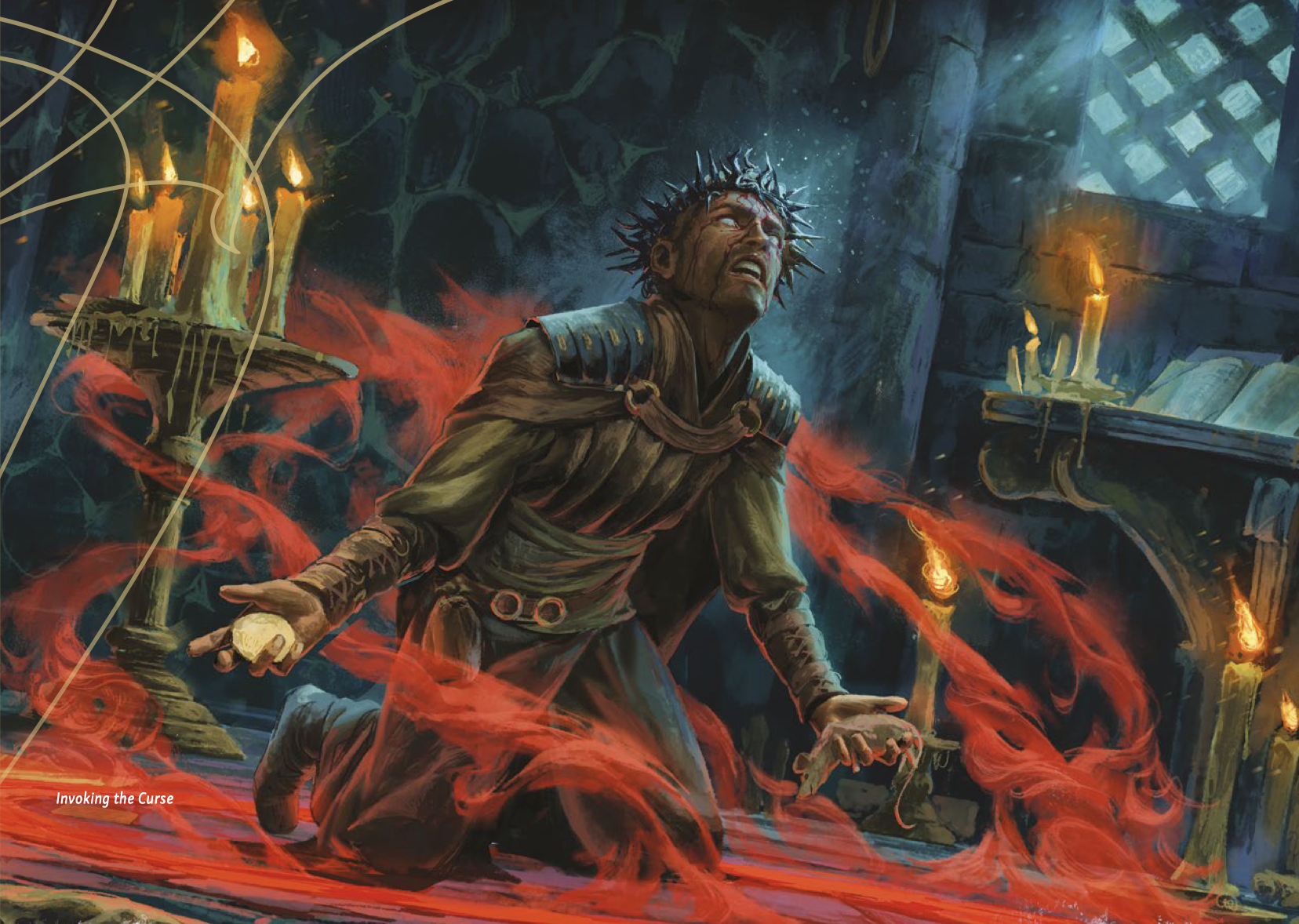 A robed man kneels in a dark chamber, writhing as red magical energy coils around him. Candlelight flickers across the scene.