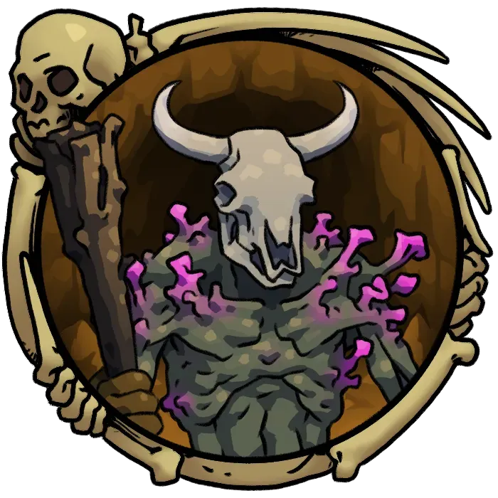 A skeletal creature with a horned skull stands inside a bone-framed circle, holding a crude club. Purple fungal growth spreads across its chest, giving it a corrupted, undead appearance.