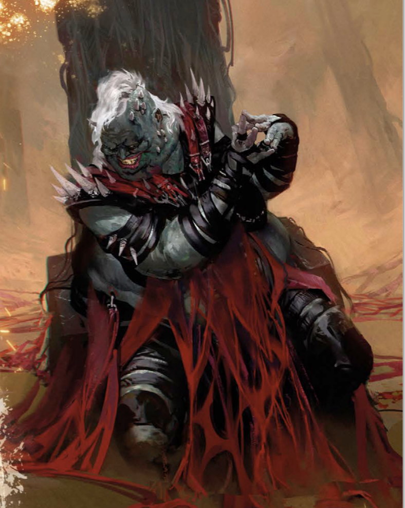 full-body image of a massive bipedal demon with a red lace drapery over black leather pauldrons and armor, with spikes. his skin is green and his hair is white.