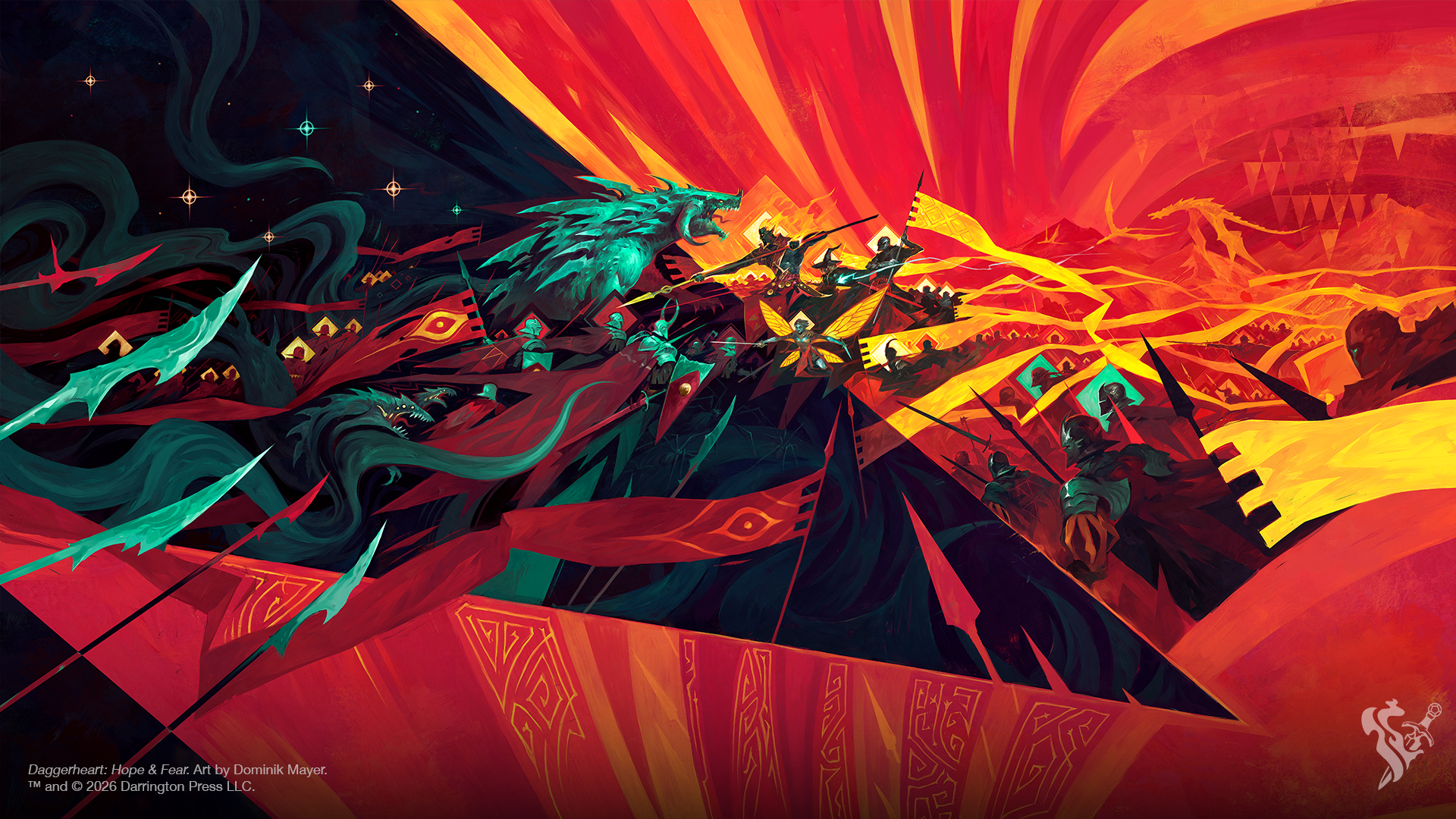 a battlefield awash in red, with yellow banners, and many armored humanoids facing down wolf-like monsters.