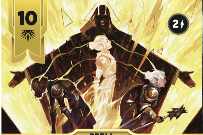 Yellow fire behind a group of three figures, headed by a controlling deity or cleric with robes.