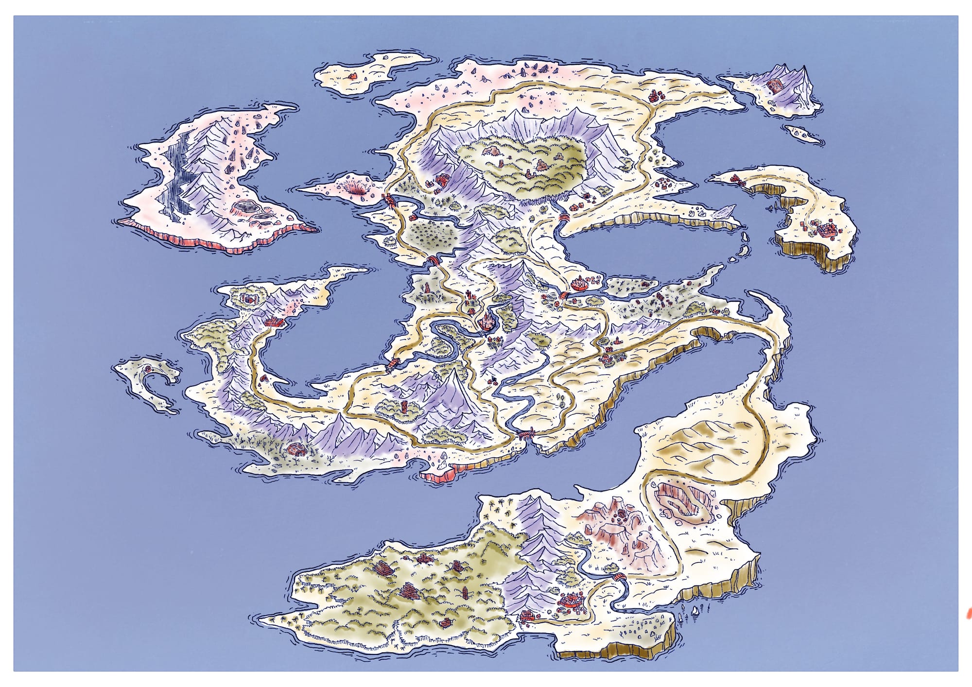 A hand-drawn image of a fantasy tropical island, complete with colored regions like forests, cities, rivers, mountains, and the like.
