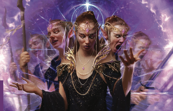 An elven spellcaster appears split into multiple overlapping selves, each expressing different emotions. Arcane energy radiates around her.