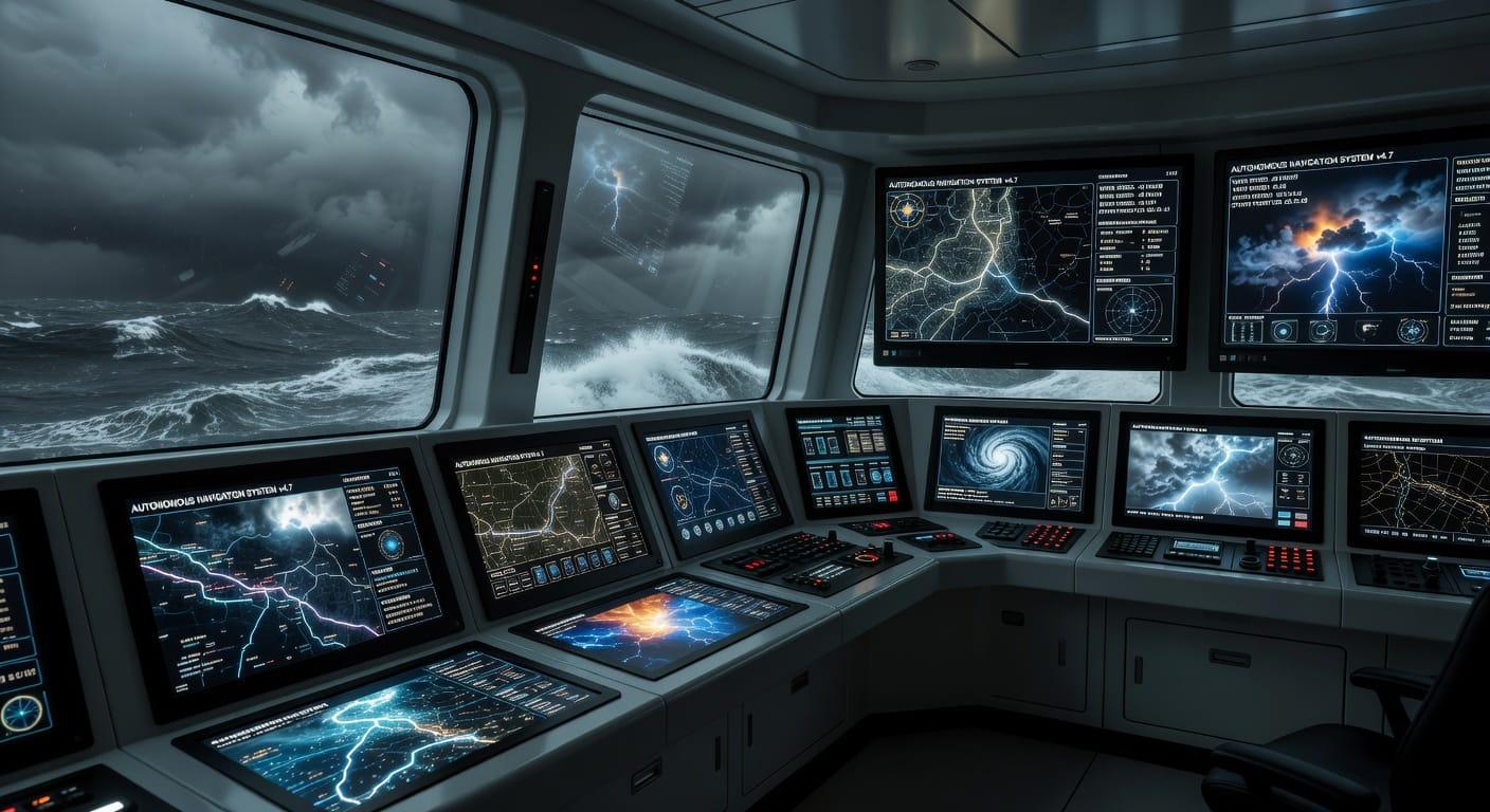 De controlekamer van een autonoom schip, vol met geavanceerde technologie en zonder bemanning.