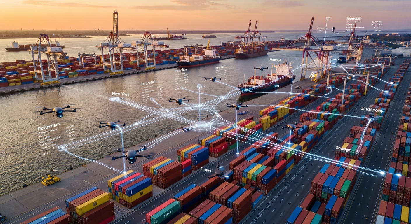 Een luchtfoto van een bruisende Europese haven met innovatieve douanetechnologie in actie.