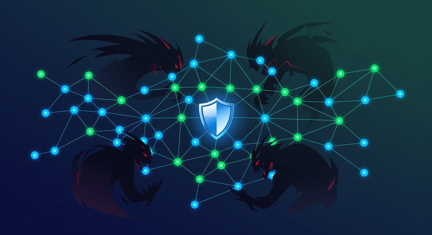 Een abstracte weergave van een beveiligde dataketen in de havenlogistiek, beschermd tegen cyberdreigingen.