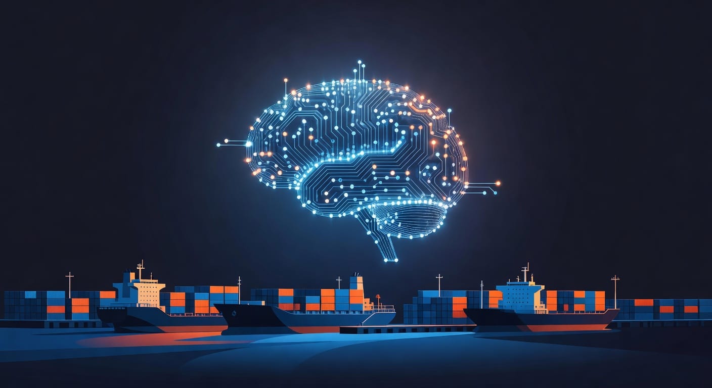 Een artistieke weergave van AI die de havenlogistiek transformeert met slimme compliance-oplossingen.