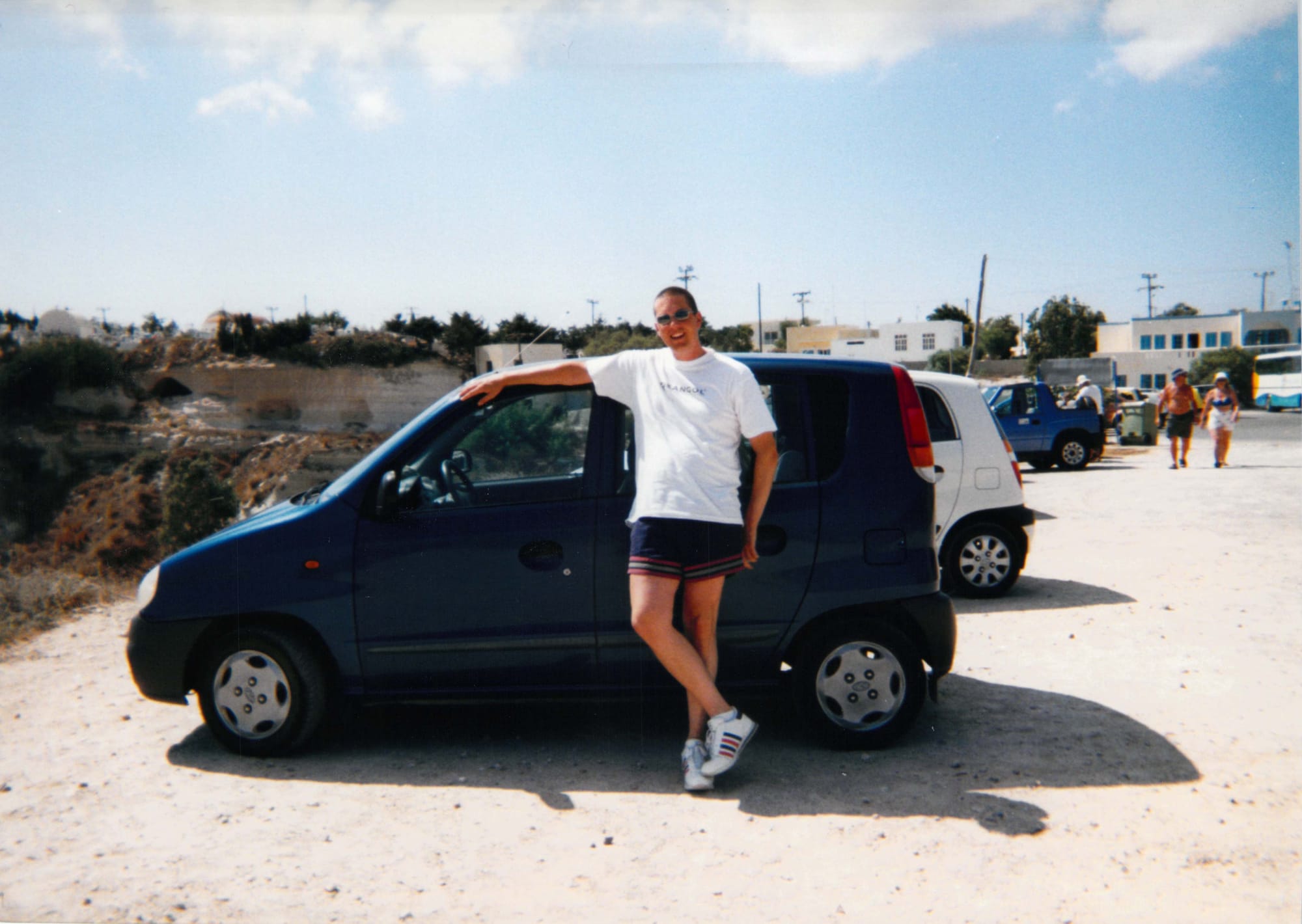 A photo of Rob Lambert with the Fiat Panda, Kos, 2001
