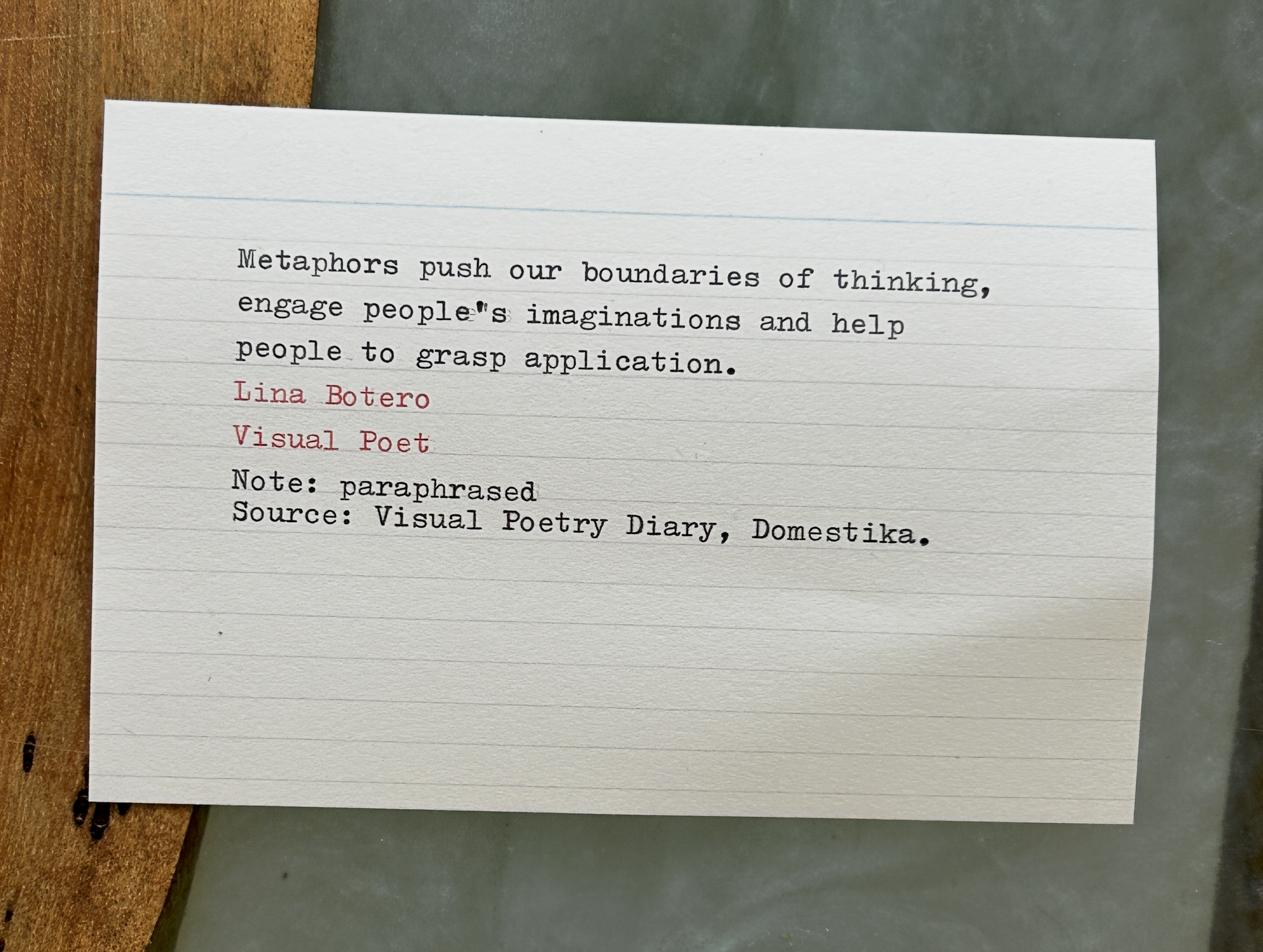 A commonplace notecard entry about Metaphors from Lina Botero