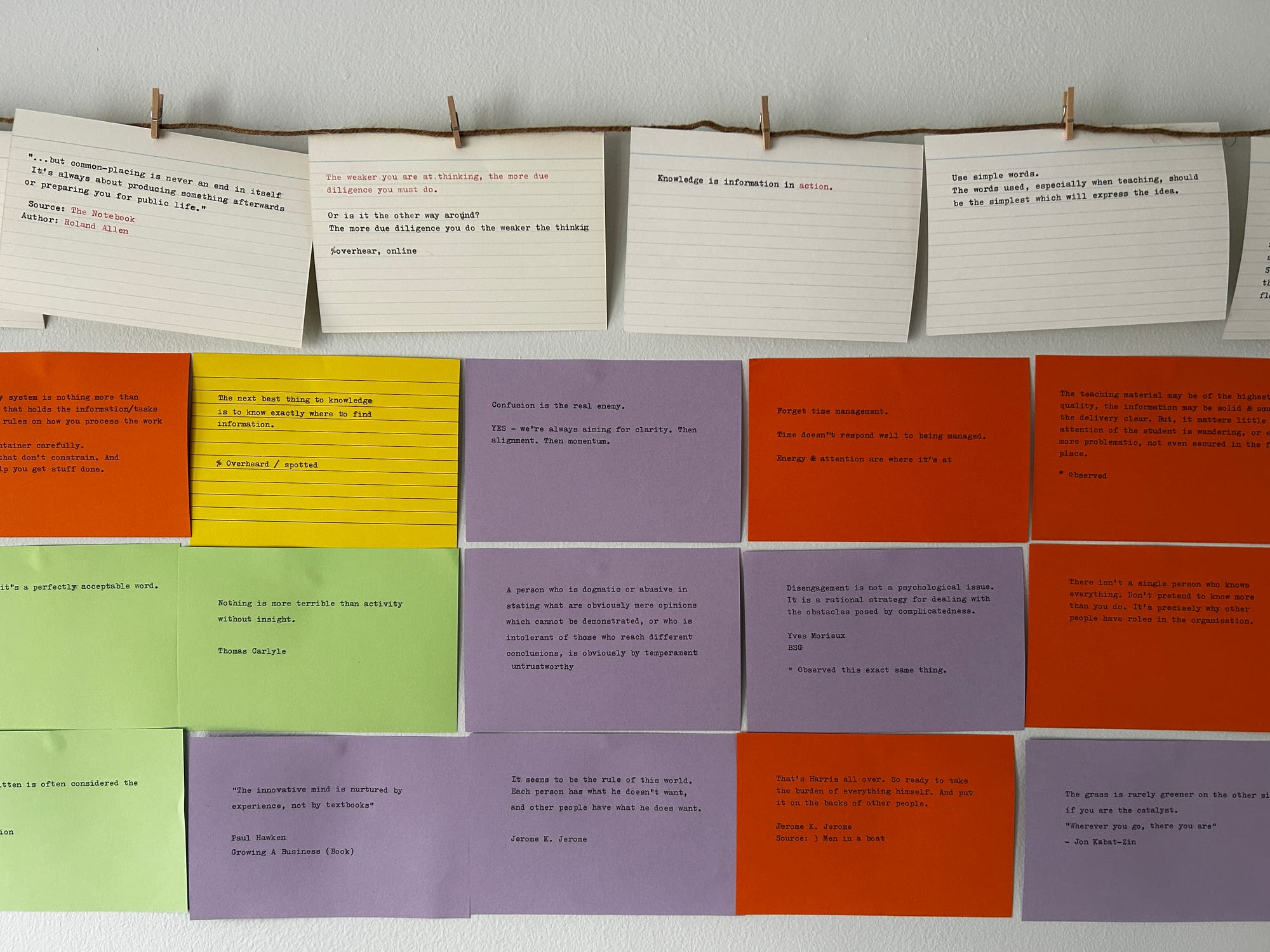 A photo of Commonplace cards on the studio wall