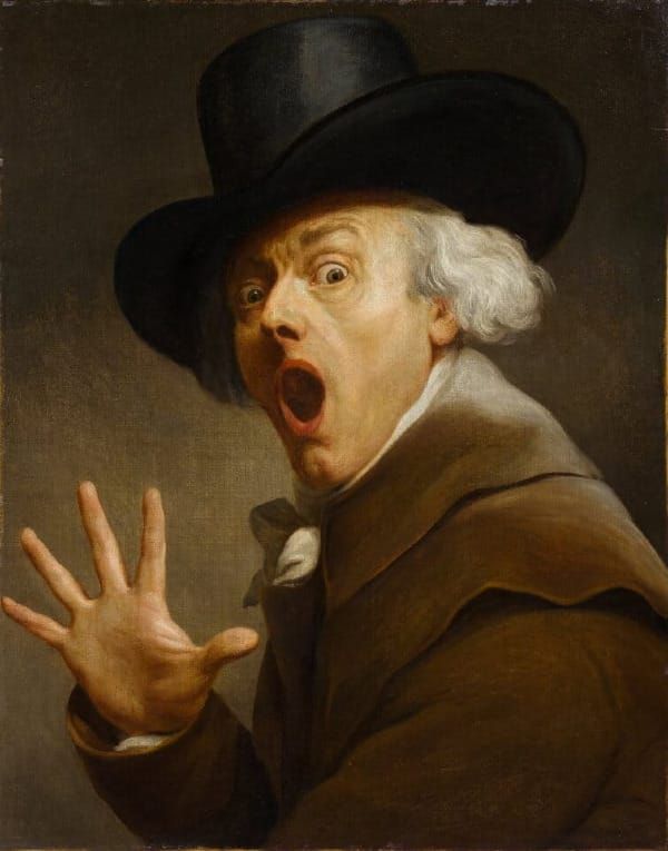 A painting of a man looking surprised