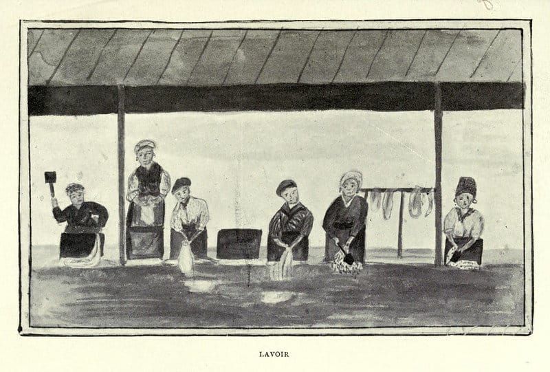 An old drawing of people in what appears to be an old wash house