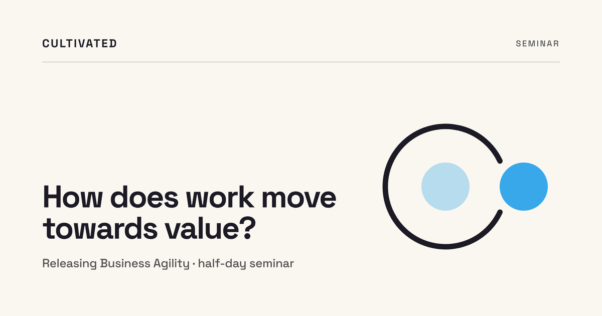 Releasing Business Agility, a Cultivated session: a blue disc leaving an open ink ring.