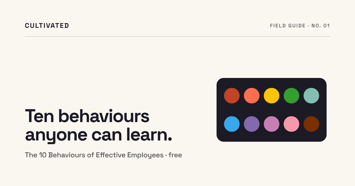 The Ten Behaviours Workshop, from Cultivated: ten discs in ten colours on an ink panel, one for each behaviour.