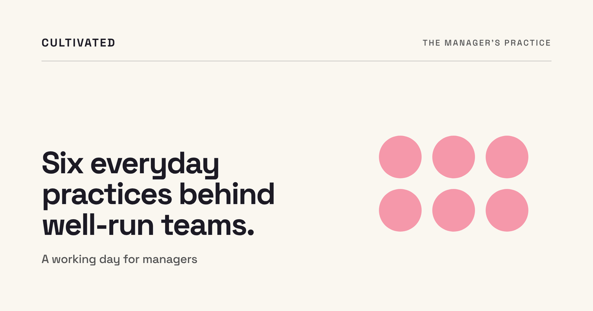 The Manager's Practice, a Cultivated workshop: six pink discs in two rows, one for each everyday practice.