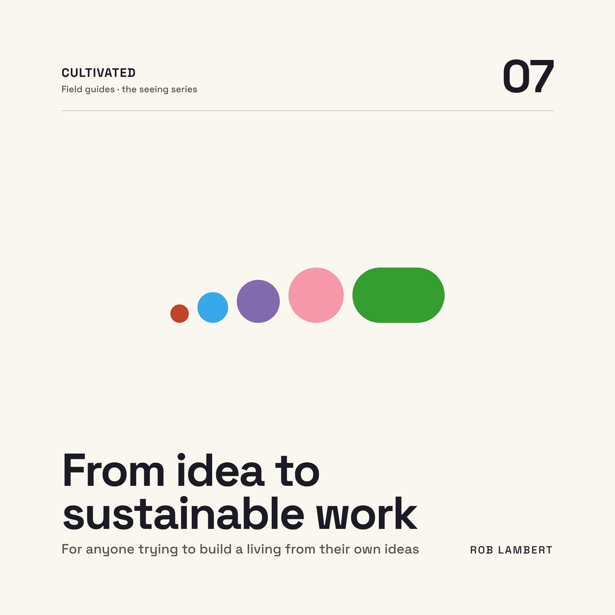 From Idea to Sustainable Work by Rob Lambert, number 07 in the seeing series: four growing discs in red, blue, purple and pink building into a green bar.