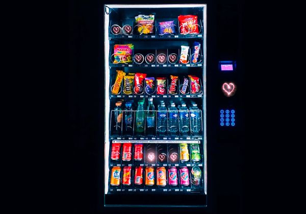 A photo of a Vending Machine with a heart under the payment pad