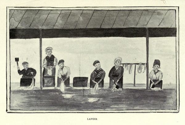 An old drawing of people in what appears to be an old wash house