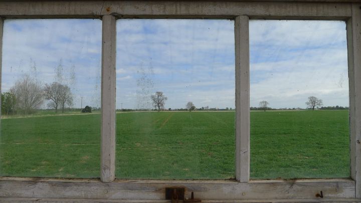 A photo through a Greenhouse window of the fields of Lincolnshire