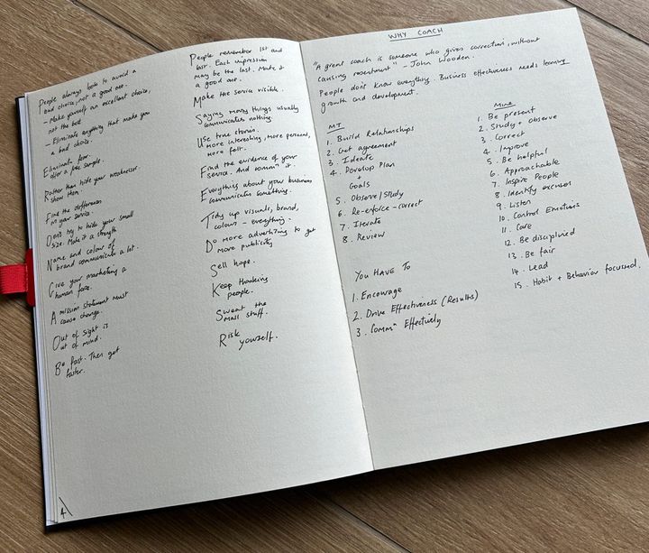 A photo of an A4 notebook with knowledge and information written in it