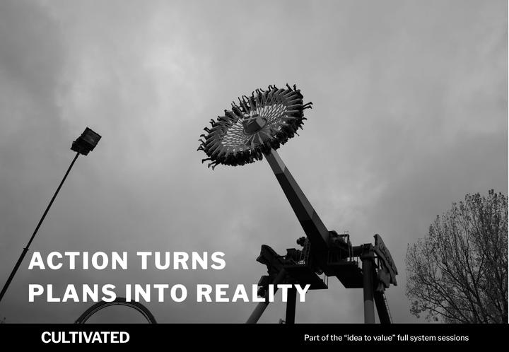 A photo of a fairground ride with the words overlaid - Action Turns Plans Into Reality