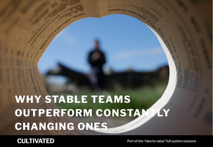 A photo of Rob Lambert taken through a book - with the words overlaid - Why Stable Teams Outperform Constantly Changing Ones