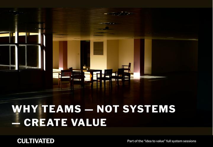A photo of some chairs in an abandoned office with the words overlaid - Why Teams — Not Systems — Create Value