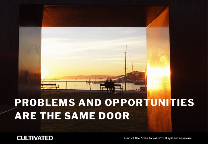 A photo of an arch in Oslo with the words overlaid - Problems and Opportunities Are the Same Door