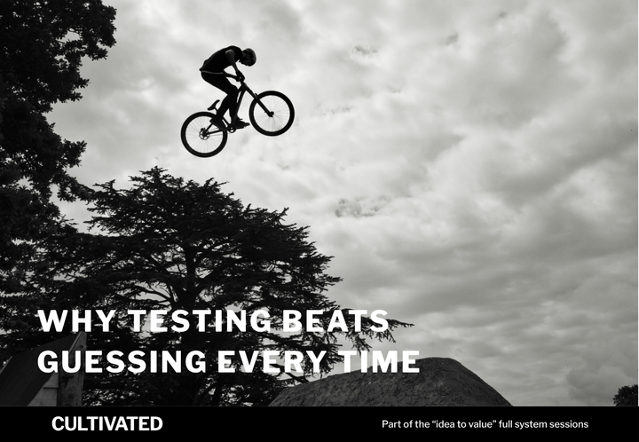 A photo of someone jumping on a bike with the words overlaid - Why Testing Beats Guessing Every Time