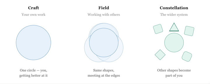 A diagram showing a circle representing the craft, a cluster of circles for field and different shapes to represent constellations