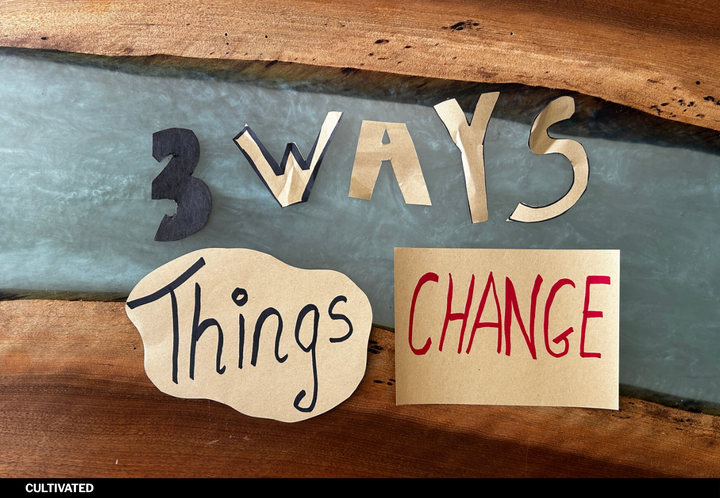A photo of a desk with crafted words and letters spelling out - three ways things change