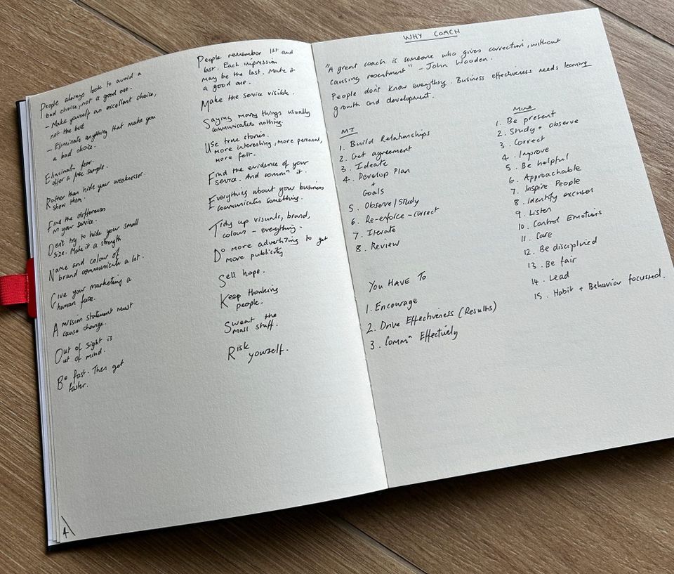 A photo of an A4 notebook with knowledge and information written in it