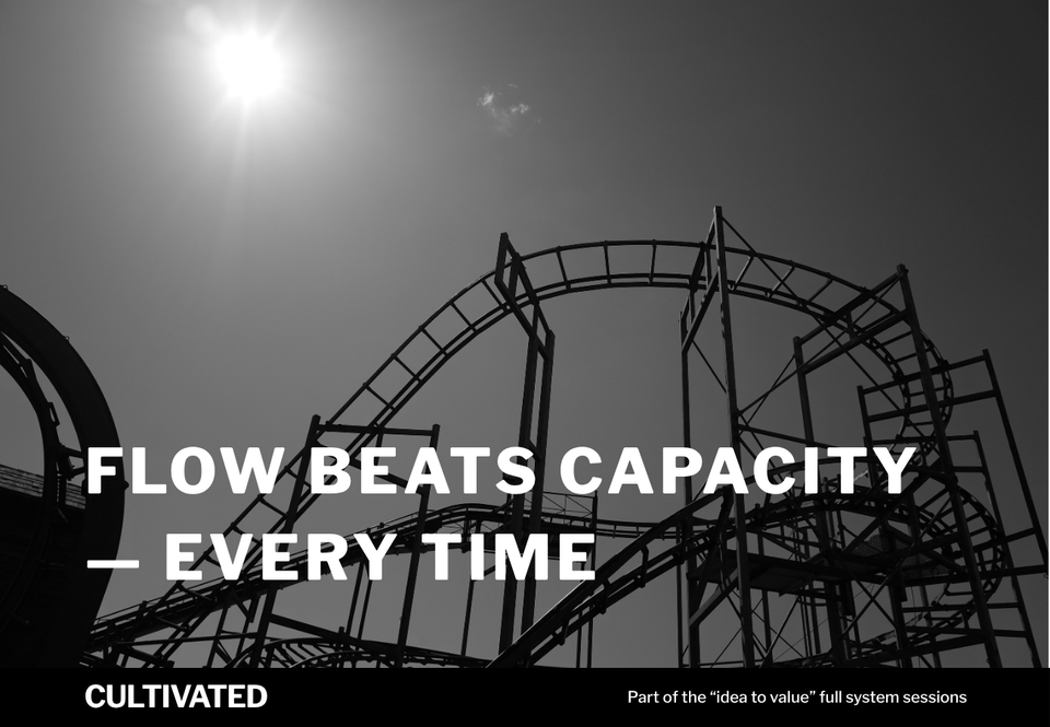 A photo of a roller coaster with the words overlaid - Flow Beats Capacity — Every Time