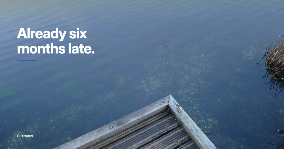 A photo of Anton Lake in Andover with the words overlaid - Already six months late.