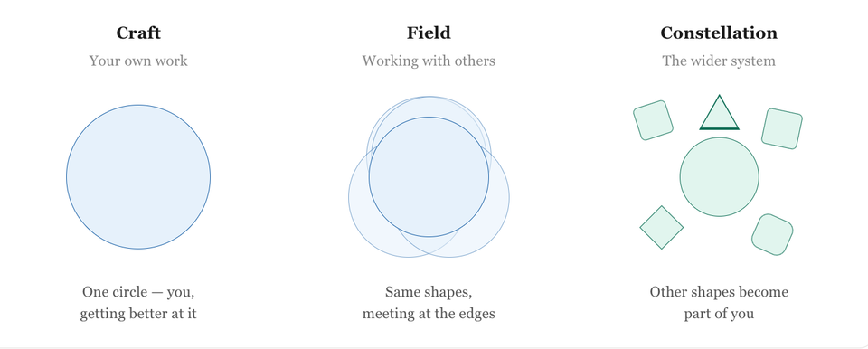 A diagram showing a circle representing the craft, a cluster of circles for field and different shapes to represent constellations