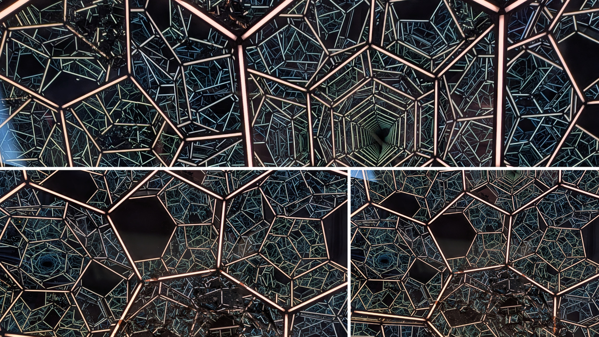 Multiple views of a independent street art fixture that features a prism of mirrors reflecting light in lines.