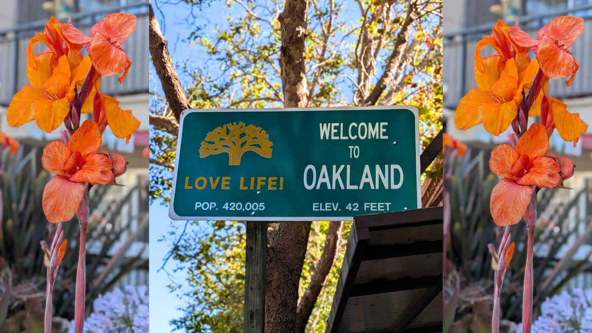 Close ups of orange iris flowers frame a street sign that says "Welcome to Oakland."